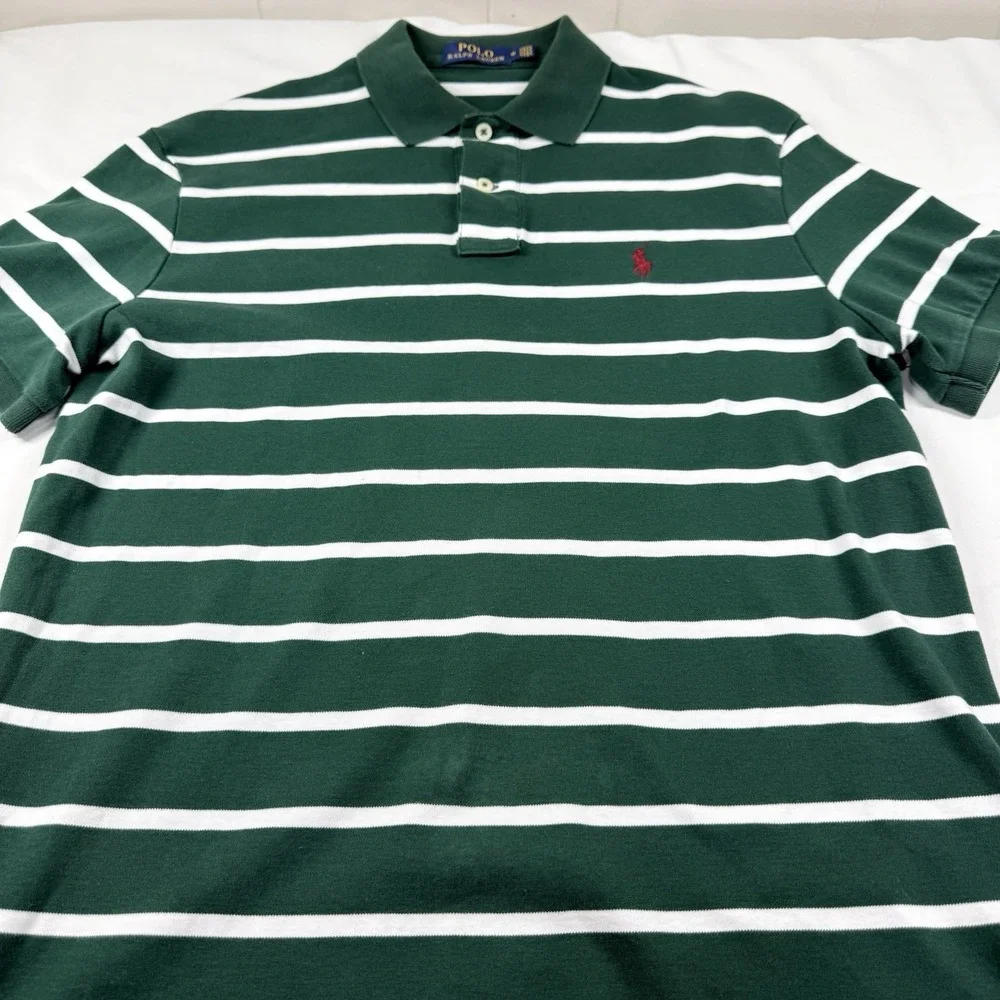 Polo Ralph Lauren Polo Shirt Mens M Green White Stripe Red Pony 100% Cotton Soft